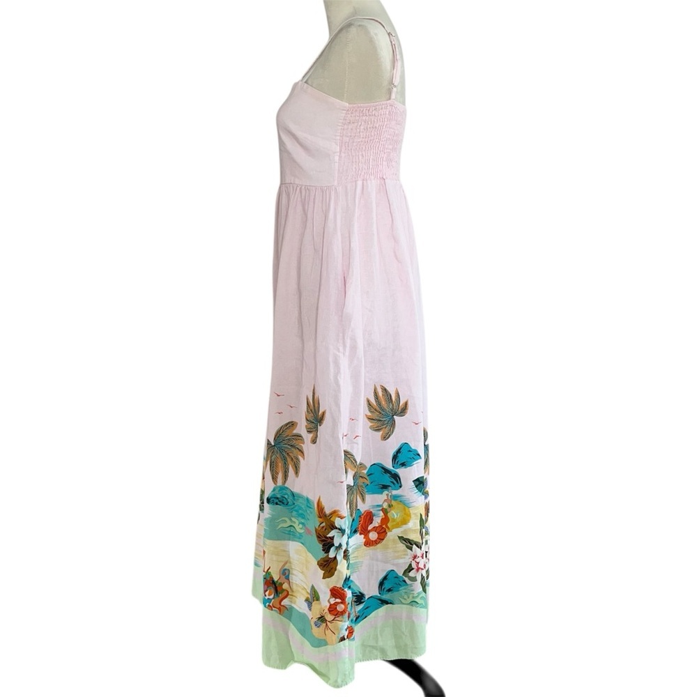 Le Ragazze Linen Blend Maxi Dress Sundress Pink Palm Tree Beach Print Size L - Picture 4 of 14